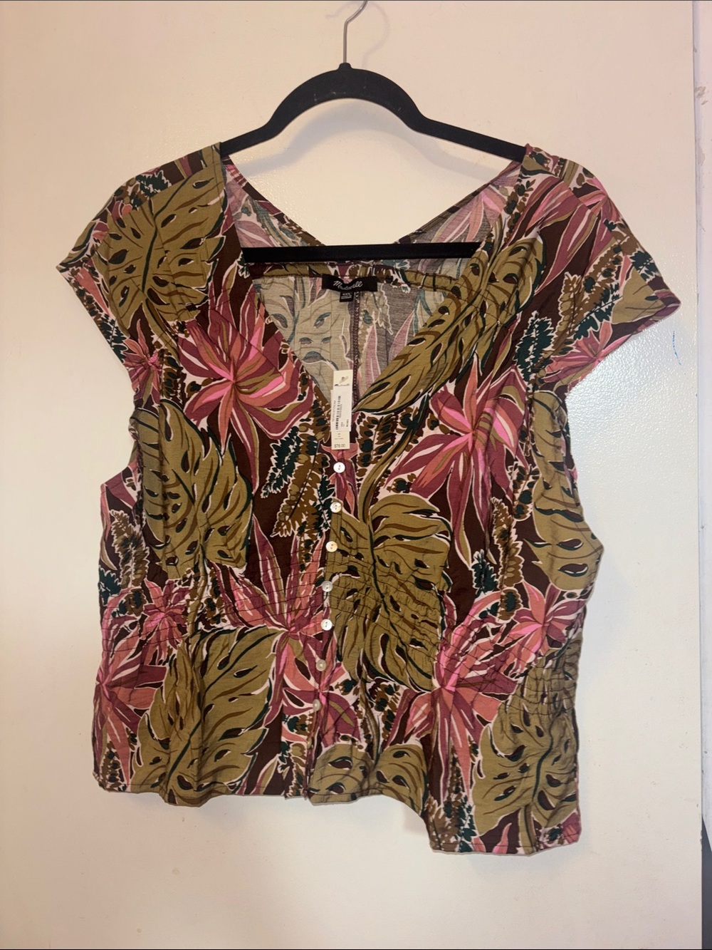 Madewell Pink & Olive Tropical Button-Front Blouse